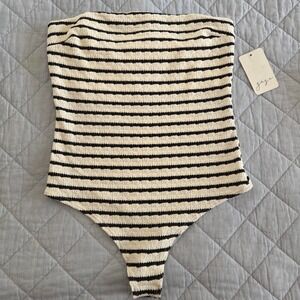NWT Gaze Striped Strapless Textured Bodysuit Thong Black and White Juniors L